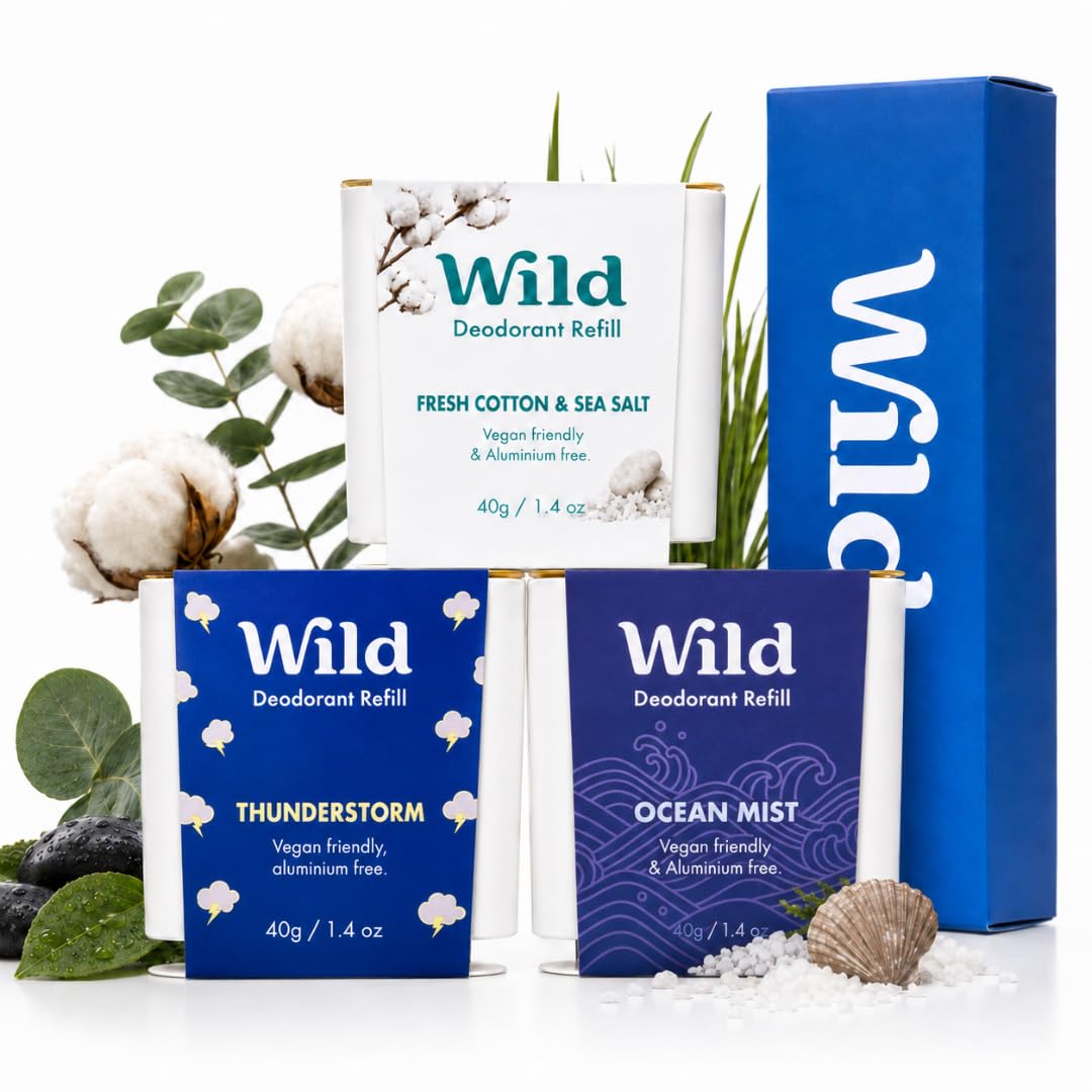 Wild - Natürliches nachfüllbares Deo - Aluminiumsalzfrei - Nachfüll-Sortenpaket enthält Fresh Cotton & Sea Salt, Ocean Mist und Thunderstorm Düfte - Lang anhaltender Schutz