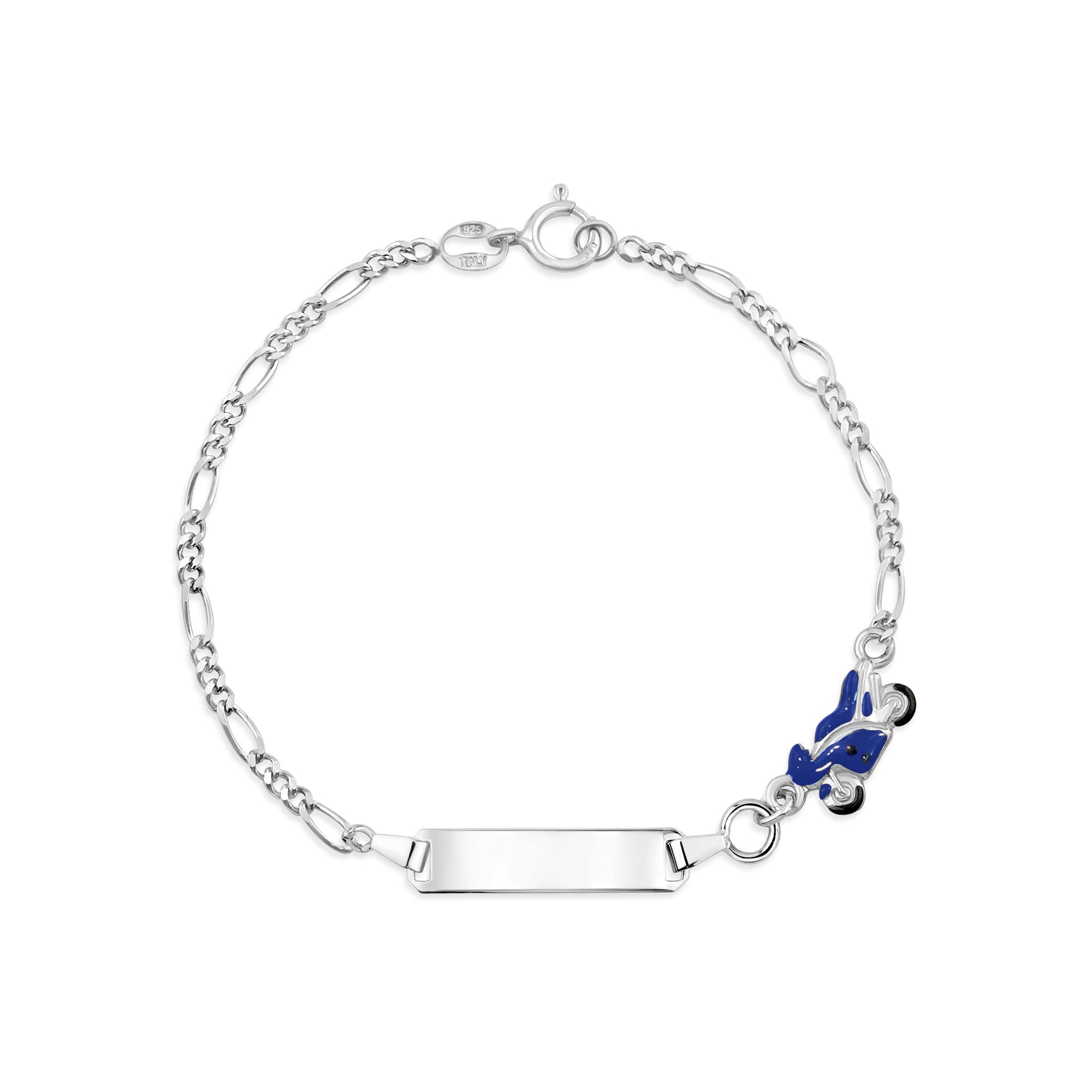 UNICORNJ 925 Italy Sterling Silver Child or Baby Name Bracelet Girls Boys, Personalized Engraved Kids ID Bracelets, 6.5" Figaro Chain, Enamel Charm Newborn Infant Toddler Kid Jewelry