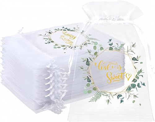 Windyun 200 bolsas de organza Love Is Sweet para regalo de boda, 4 x 6 pulgadas, bolsas de regalo de dulces, pequeñas bolsas de malla de eucalipto