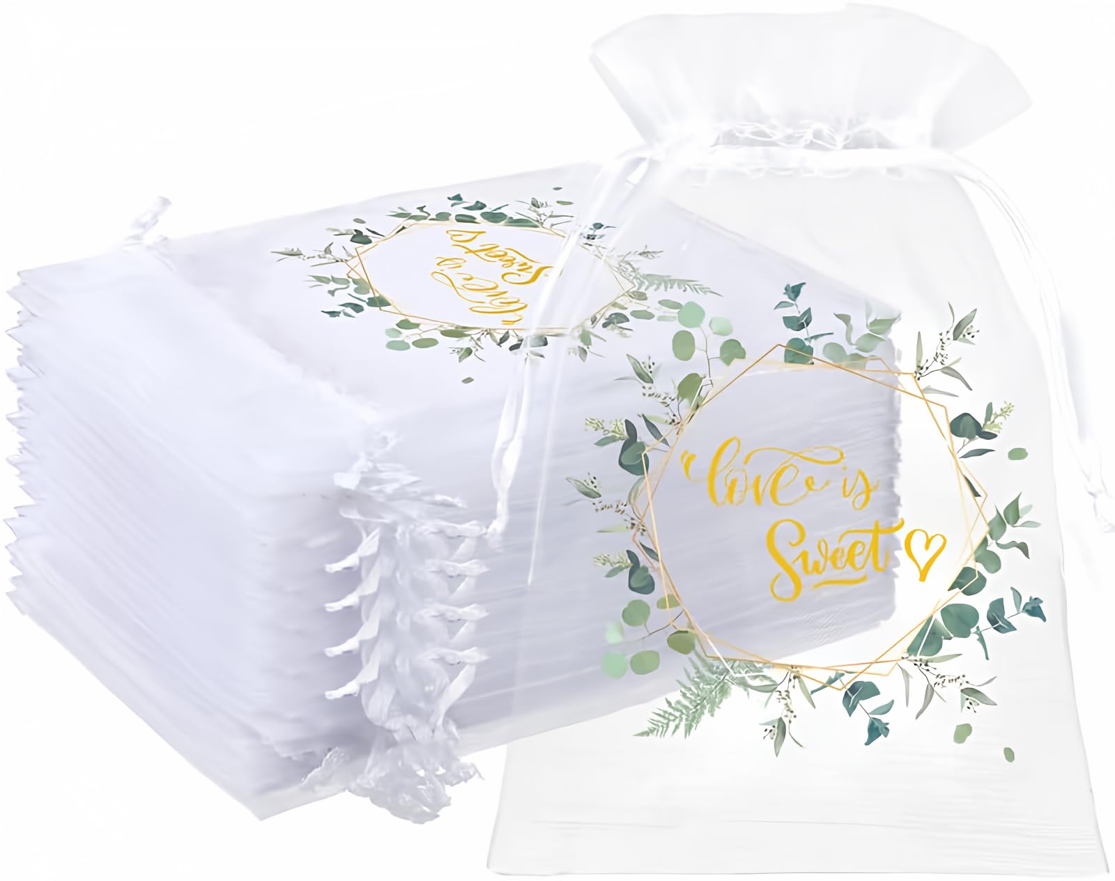 Windyun 200 Pcs Love Is Sweet Organza Bags for Wedding Treat 4 x 6 Inch Wedding Favor Candy Gift Bags Bulk Small Sheer Eucalyptus Leave Jewelry mesh