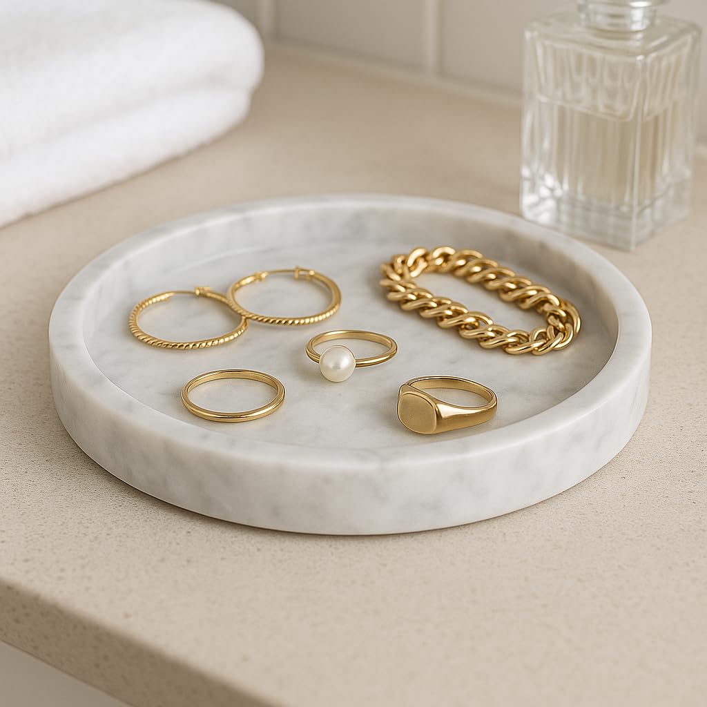 ROTONDI Carrara – Piatto Rotondo in Marmo Bianco Ø 25 cm | Elegante, Lucido, Naturale | Decorazione Casa, Bagno, Cucina, Soggiorno | Portaoggetti e Arredo Design