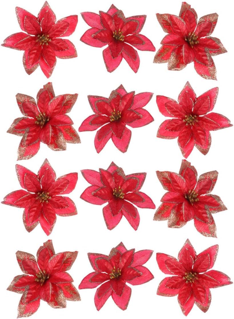 12Pcs Double Layers Artificial Flowers Christmas Red Fake Flowers Xmas