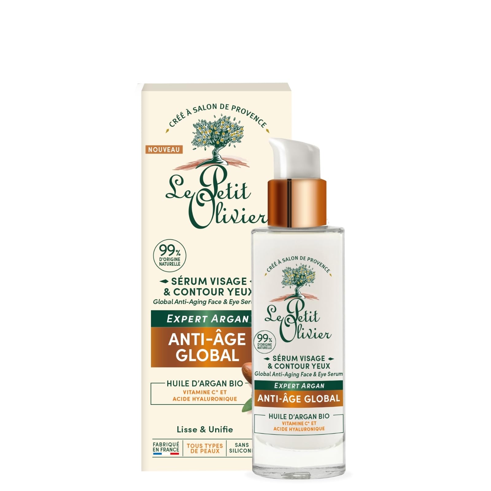 LE PETIT OLIVIER - Sérum Visage & Contour des Yeux Anti-​Âge - Huile d'Argan, Vitamine C & Acide Hyaluronique- Lisse & Unifie- Tous Types de Peaux - 99% d'Origine Naturelle - Fabriqué en France - 30 ml