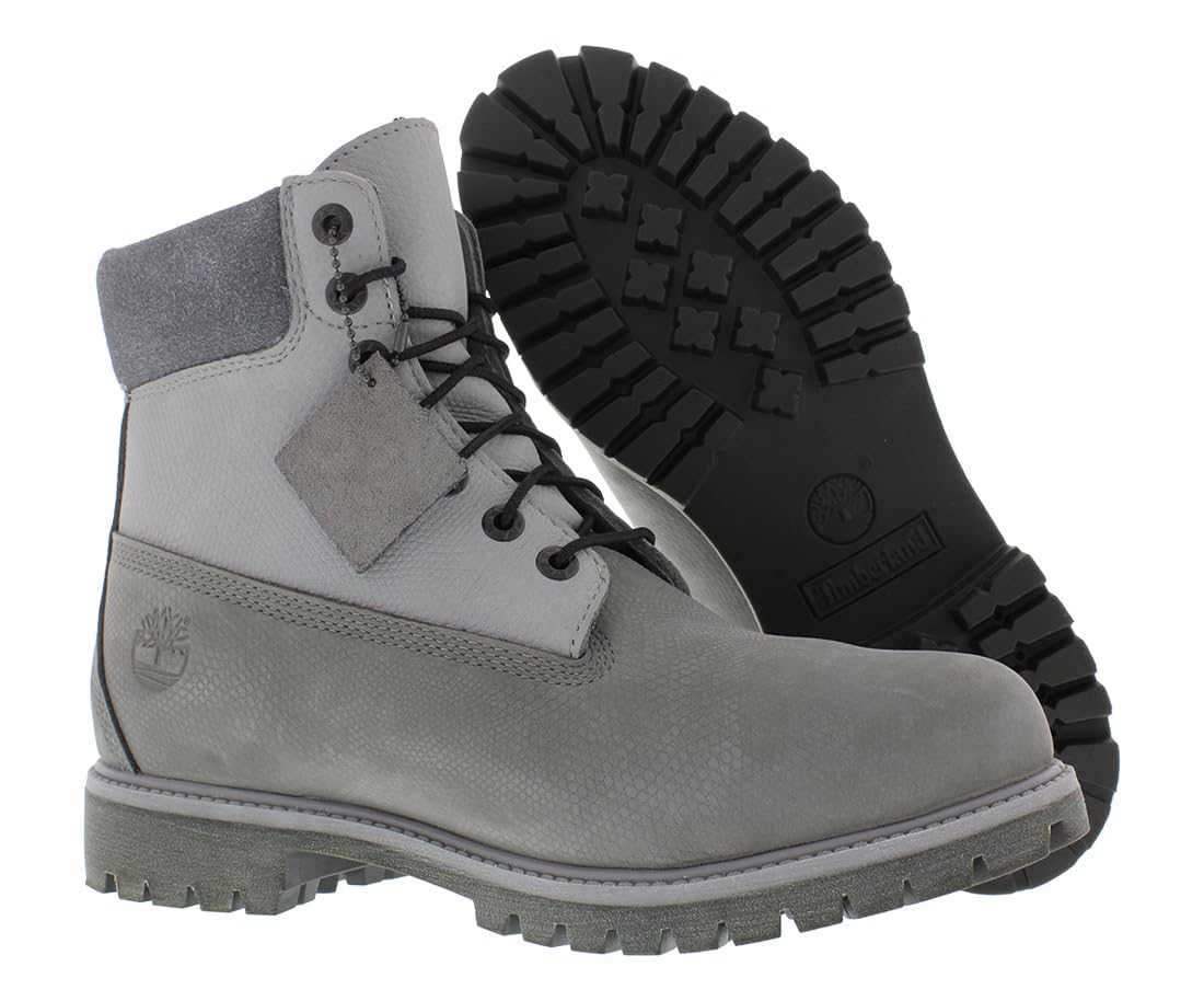 Angled view of Timberland Men's 6-Inch Premium Waterproof Boot, showing laces and sole.