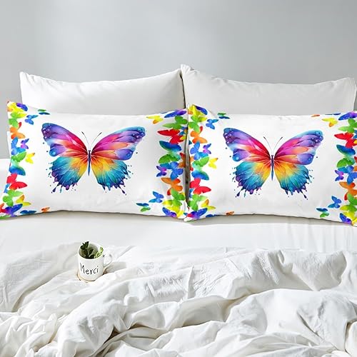 Miniatura 6 de Manfei Juego de sábanas de mariposa de acuarela, tamaño matrimonial, juego de sábanas de mariposas arcoíris de 4 piezas con sábana bajera de