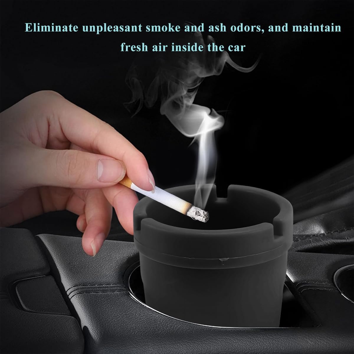 Car Ashtray, Plastic Portable Smokeless Self-Extinguishing Vehicle Cigarette Trash Can Ash Tray, Universal Windproof Butt Bucket Ash Holder Organizer for Car Cup Holder (Black)