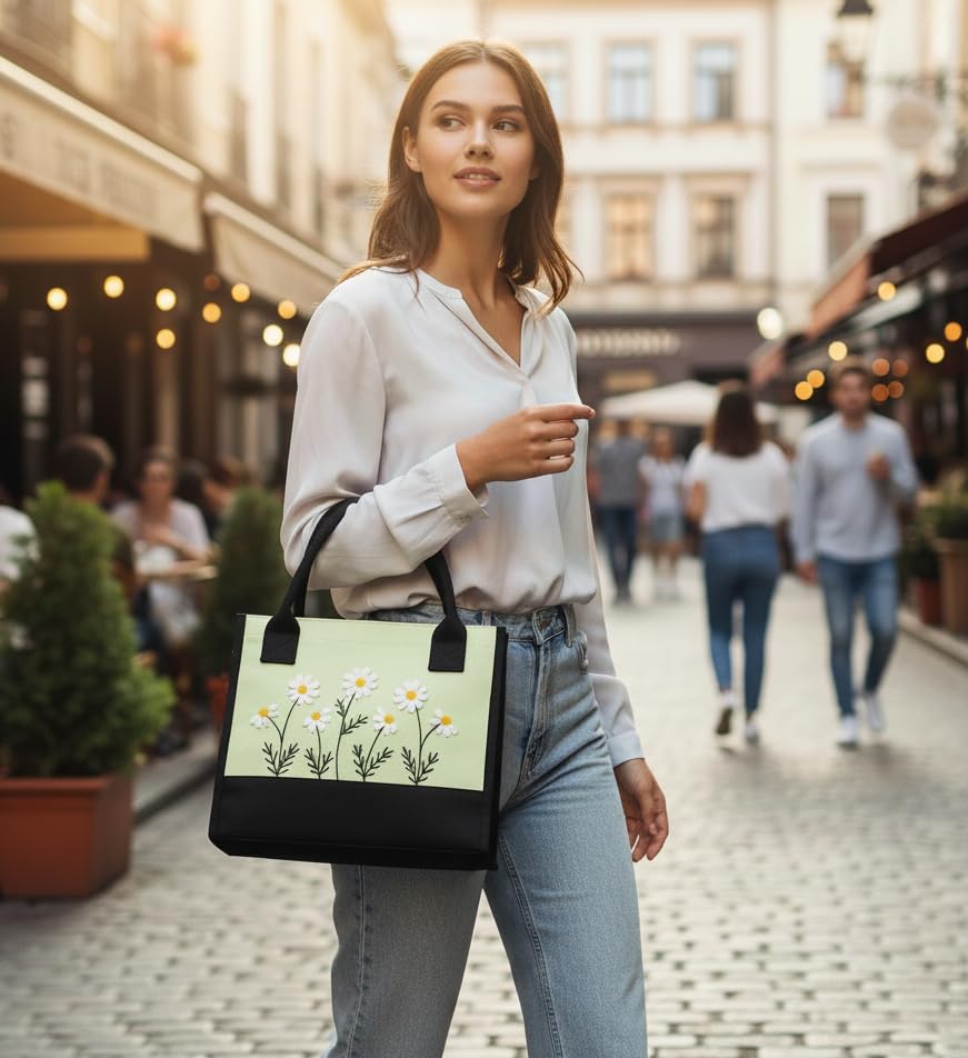 Image of Cotton Tote Bag For Woman Stylish | Embroidered Canvas Hand Bag With Floral Design | Casual Shoulder Bag Zipper For College Girls, Office, Daily Use, Travel, Beach, Shopping