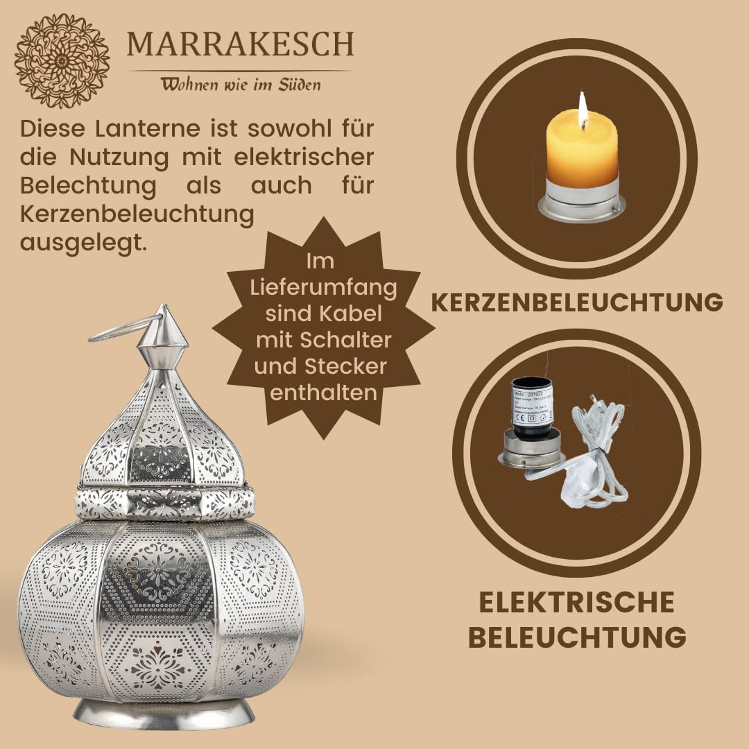 Zestaw 2 lamp i latarni Marrakeszu w jednym z metalu o wielkości 30 cm | Lampa stołowa Mahana srebrna jako orientalna dekoracja