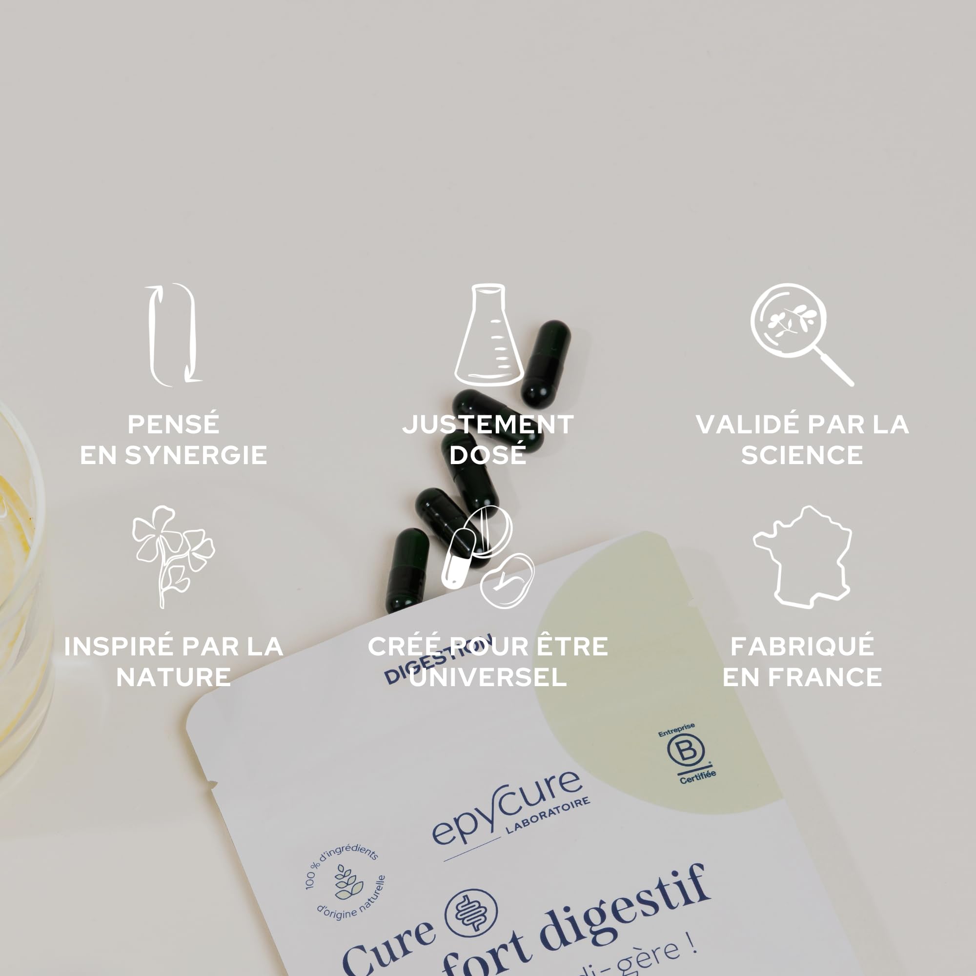 EPYCURE - Cure Confort Digestif - Améliore Digestion & Transit, Réduit Ballonnements & Flatulences - 95% Naturel - 5 Enzymes Digestives, Calcium, Fenouil, Zinc - 1 Mois - Vegan - Fabriqué en France