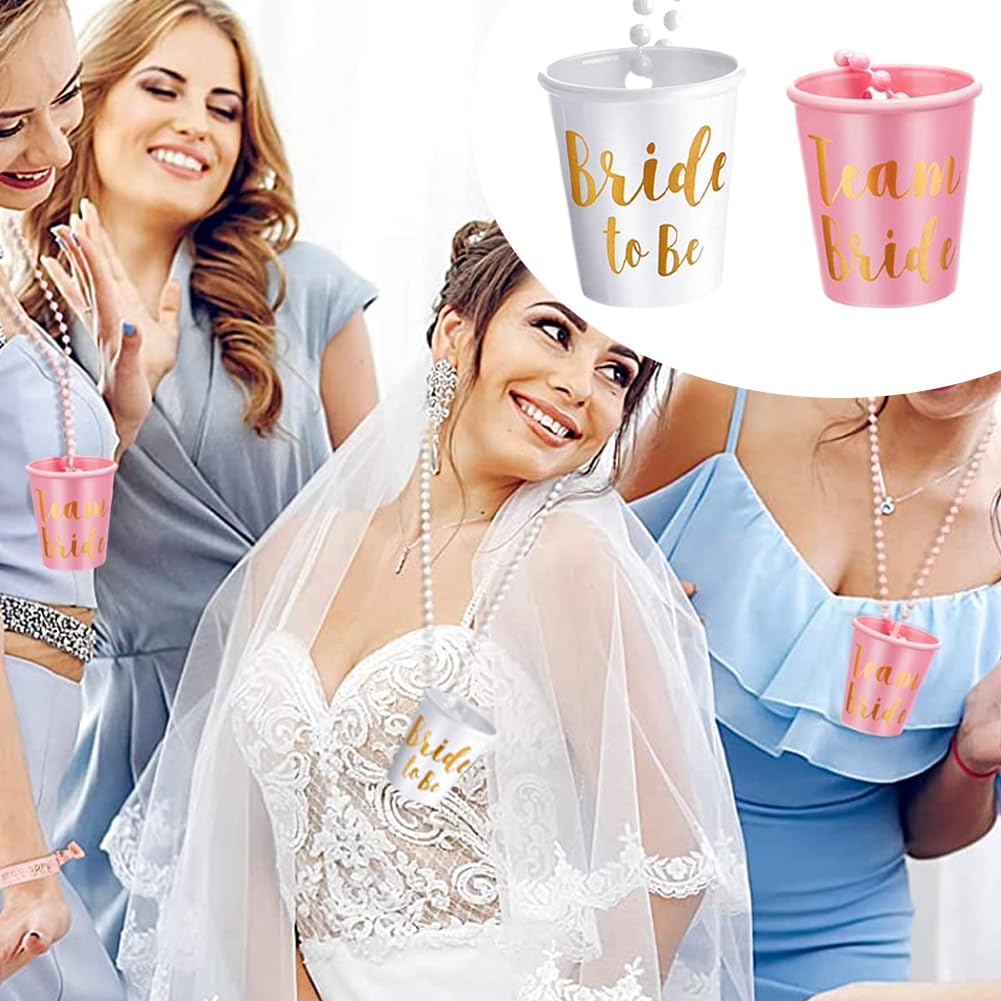 12-Pack Beaded Bachelorette Shot Glass Necklaces | 1 White Bride + 11 Pink Bridesmaids, Fun Bridal Shower Party Favors