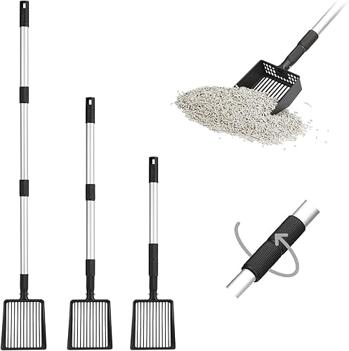 PUPTECK Cuchara de arena de metal para gatos – Cuchara para excrementos de pollo de mango largo, tamiz ajustable con pala profunda, accesorios de