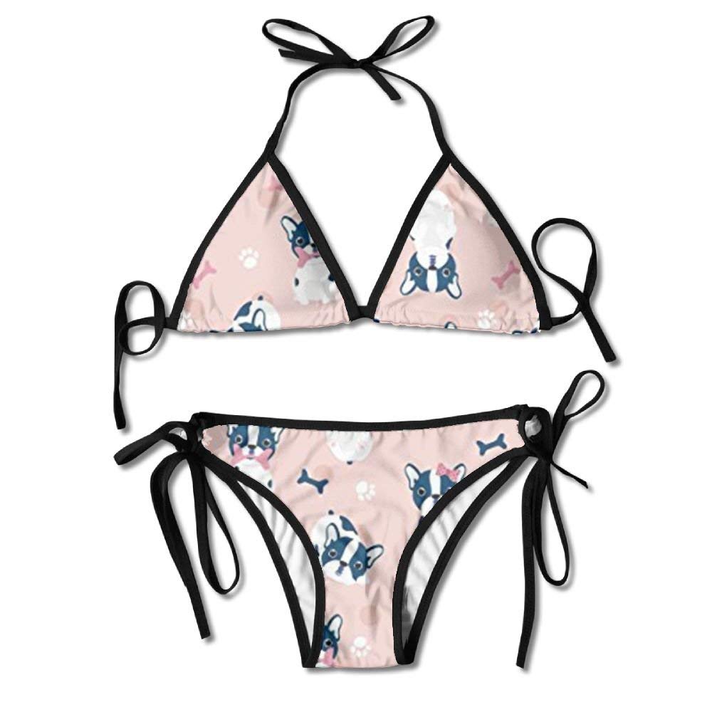 Pink French Bulldog Women Sexy Low Waist Bandage Bikini Beachwear Swimsuit