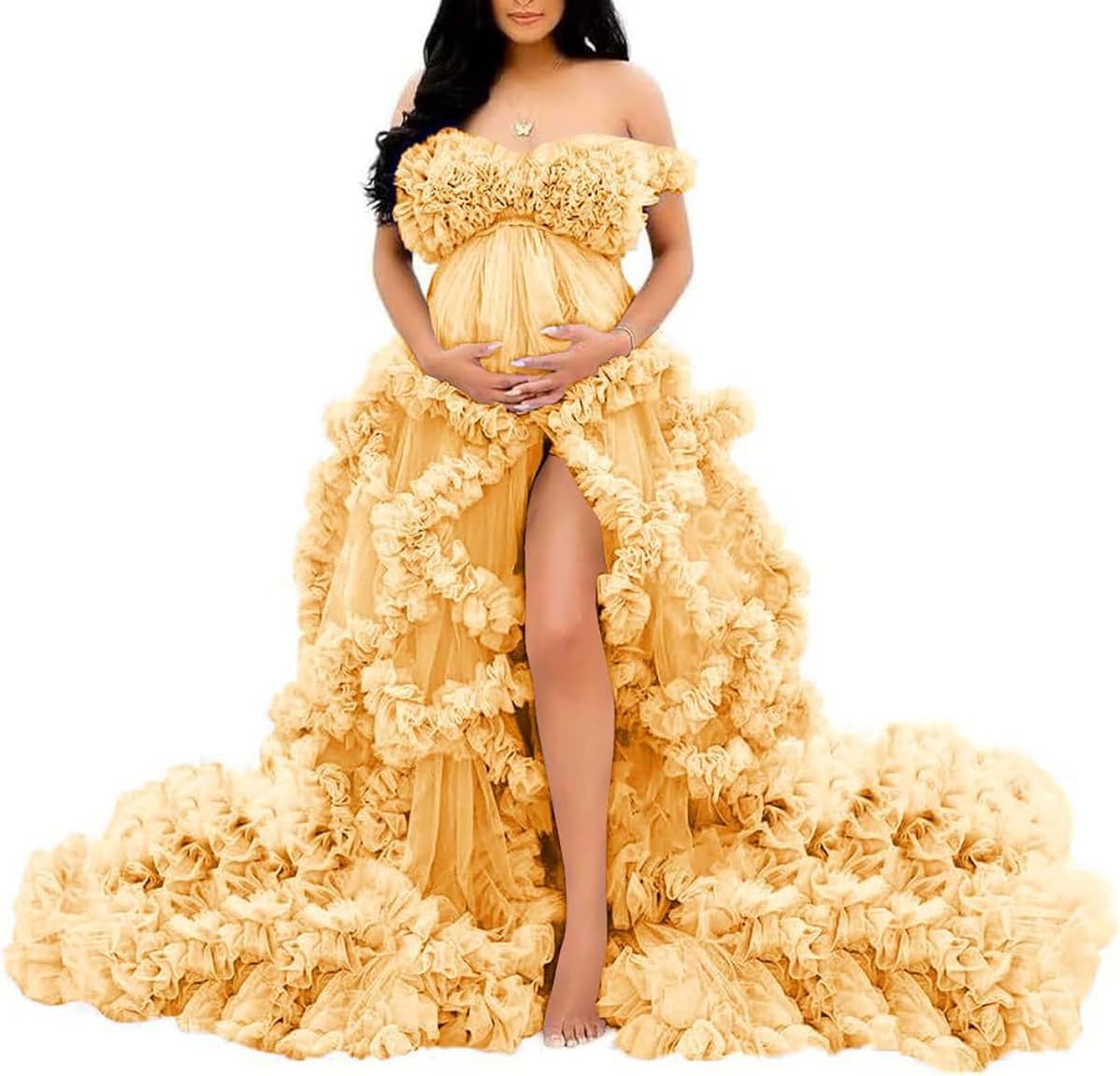 Puffy Tulle Robe for Maternity Photoshoot Ruffles V Neck Illusion Bridal Lingerie Bathgown Baby Shower Dress