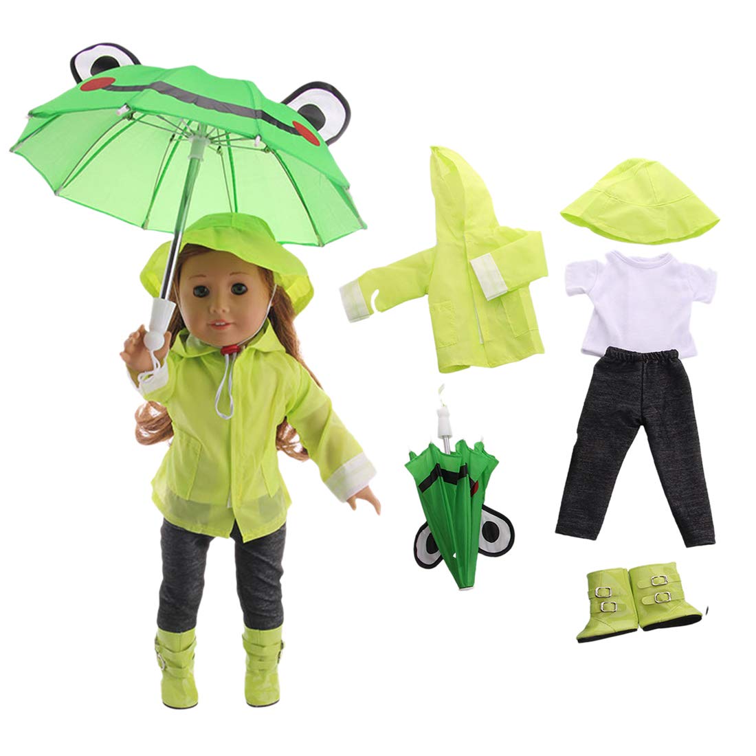 FenglinTech6PCS Raincoat Clothes Set with T-Shirt, Pants, Rain Boots, Hat and Umbrella for Rainy Day for 18" Girl Dolls - 1 Set Green YHN31Z35SOMBR14560JEIJ