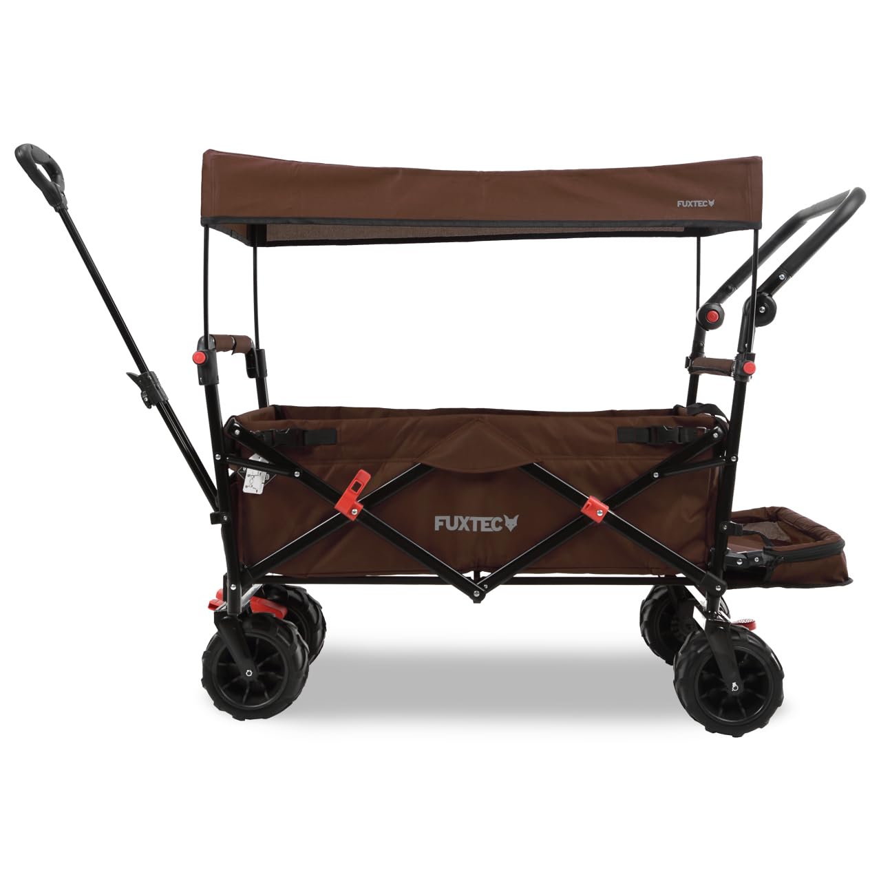 Fuxtec Brown Fx-Ctb800 Foldable Beach Wagon With Roof – Extra-Wide Wheel Trolley With Push Handle, Parking Brake & Interior Extension – Folding Handcart For Sand & Outdoor Transport