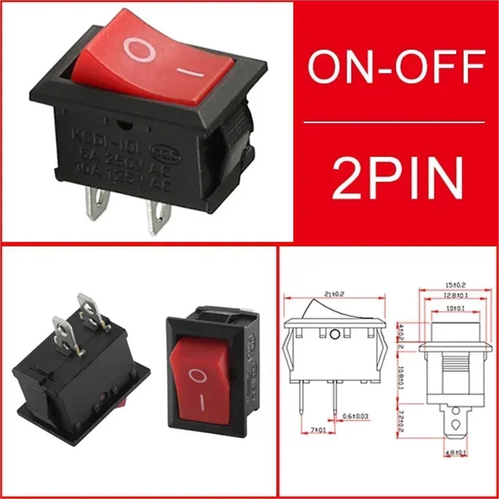 KCD1 2/3/4Pin 15 * 21mm EIN-AUS Boot Auto Wippschalter 6A 250V AC,10A 125V AC Netzschalter 10/100 stücke(Red 2Pin,10 PCS)