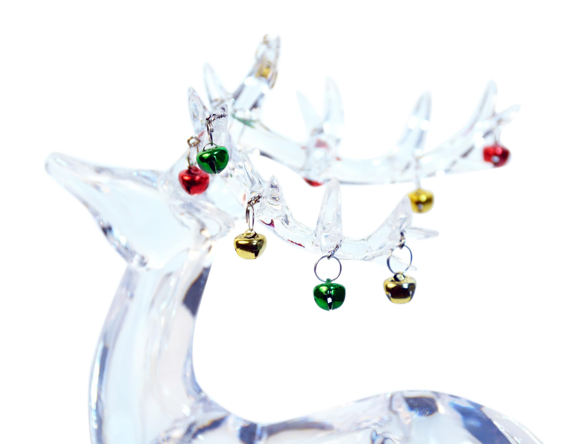 Juego de renos de Navidad de acrílico transparente de 2 pulgadas, cascabeles de Navidad en cuernos, figuras de ciervo navideñas, 10 y 11 pulgadas de alto, aspecto de vidrio cortado