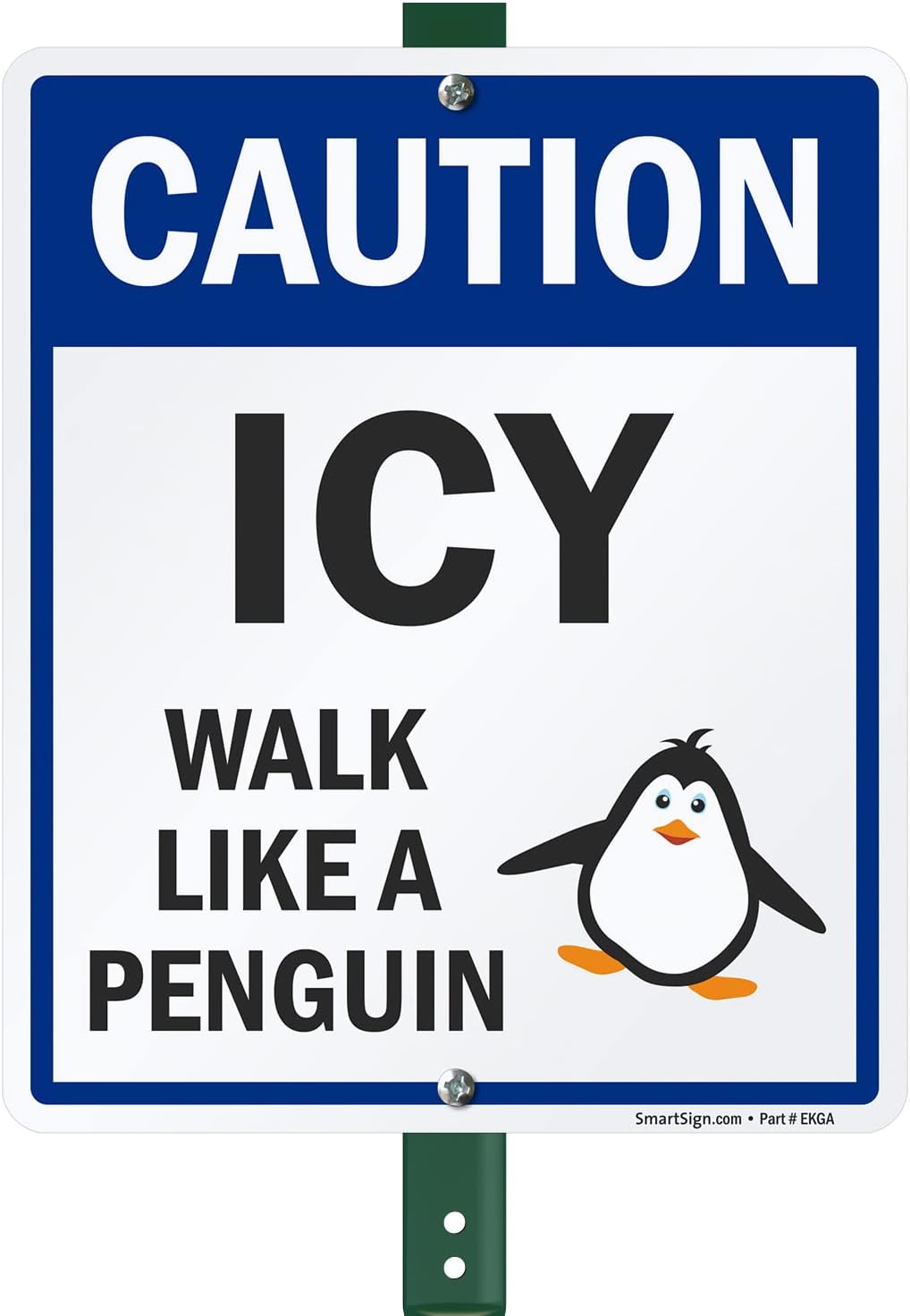 SmartSign 12 x 10 inch “Caution - Icy, Walk Like A Penguin” LawnBoss Yard Sign with 3 foot Stake, 40 mil Laminated Rustproof Aluminum, Multicolor, Set of 1, Made in USA
