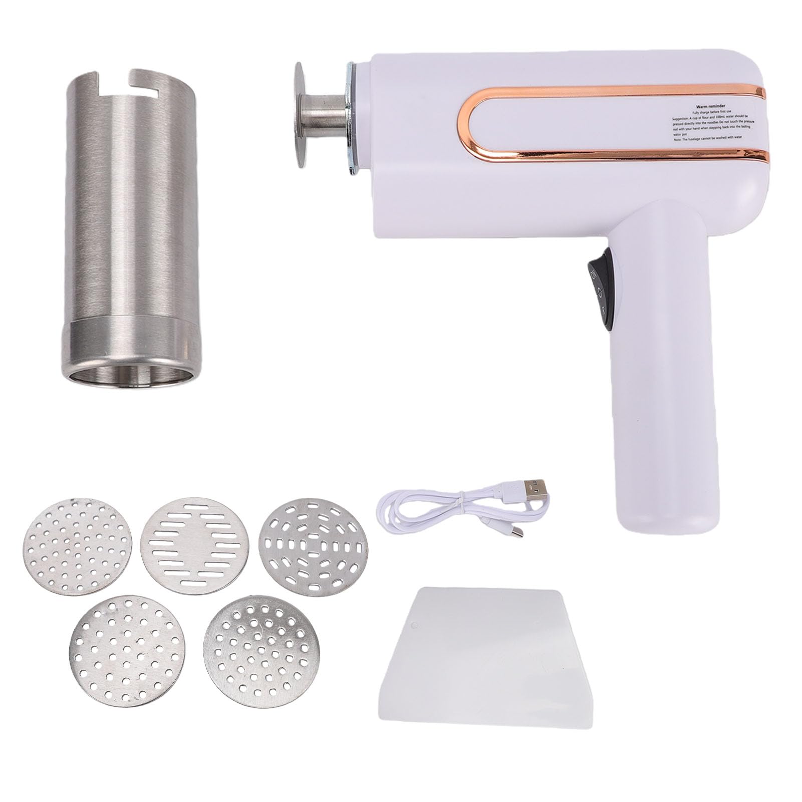 Jiawu Máquina para Hacer Pasta Eléctrica de Mano, 5 Boquillas Intercambiables, Operación Automática, Máquina para Hacer Pasta Inalámbrica, de Fideos Portátil con Espesor Ajustable para el Hogar,
