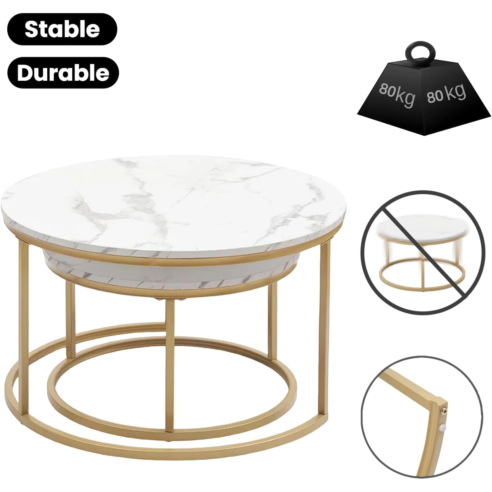 Tavolino rotondo effetto marmo, set da 2 tavolini da salotto e tavolino per soggiorno, Ø 80 x 45 H cm e Ø 60 x 35 H cm (bianco e oro)