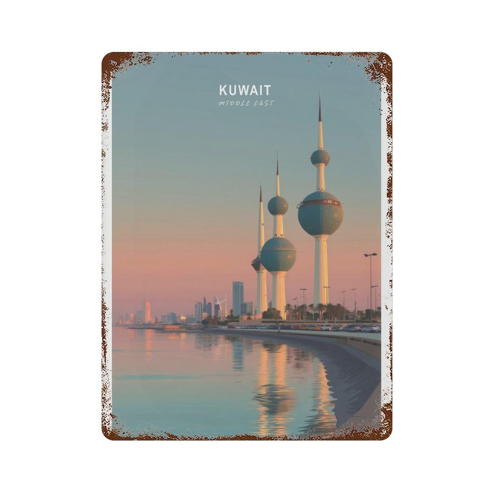 Kuwait Towers Travel City Skyline, Arabian Gulf Wall Decor Art Metal Tin Poster Modern Home Decor Art Home Bar Shop Decorations Vintage Sign 40x30cm