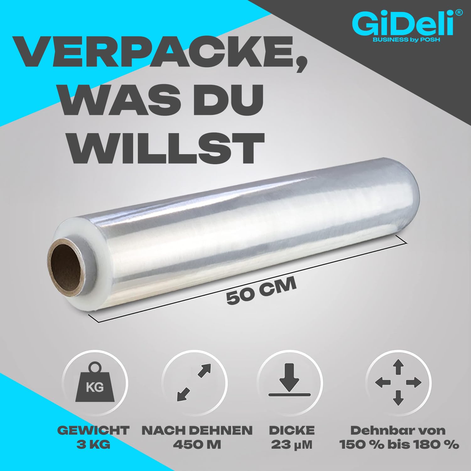 GiDeli Stretchfolie Transparent Strechfolienrolle - 10x Wickelfolie - Handstretchfolie 450m / 50cm Verpackungsmaterial - Verpackungsfolie auf Rollen - Folie Für Möbel - Folien Für Umzug - Umzugsfolie