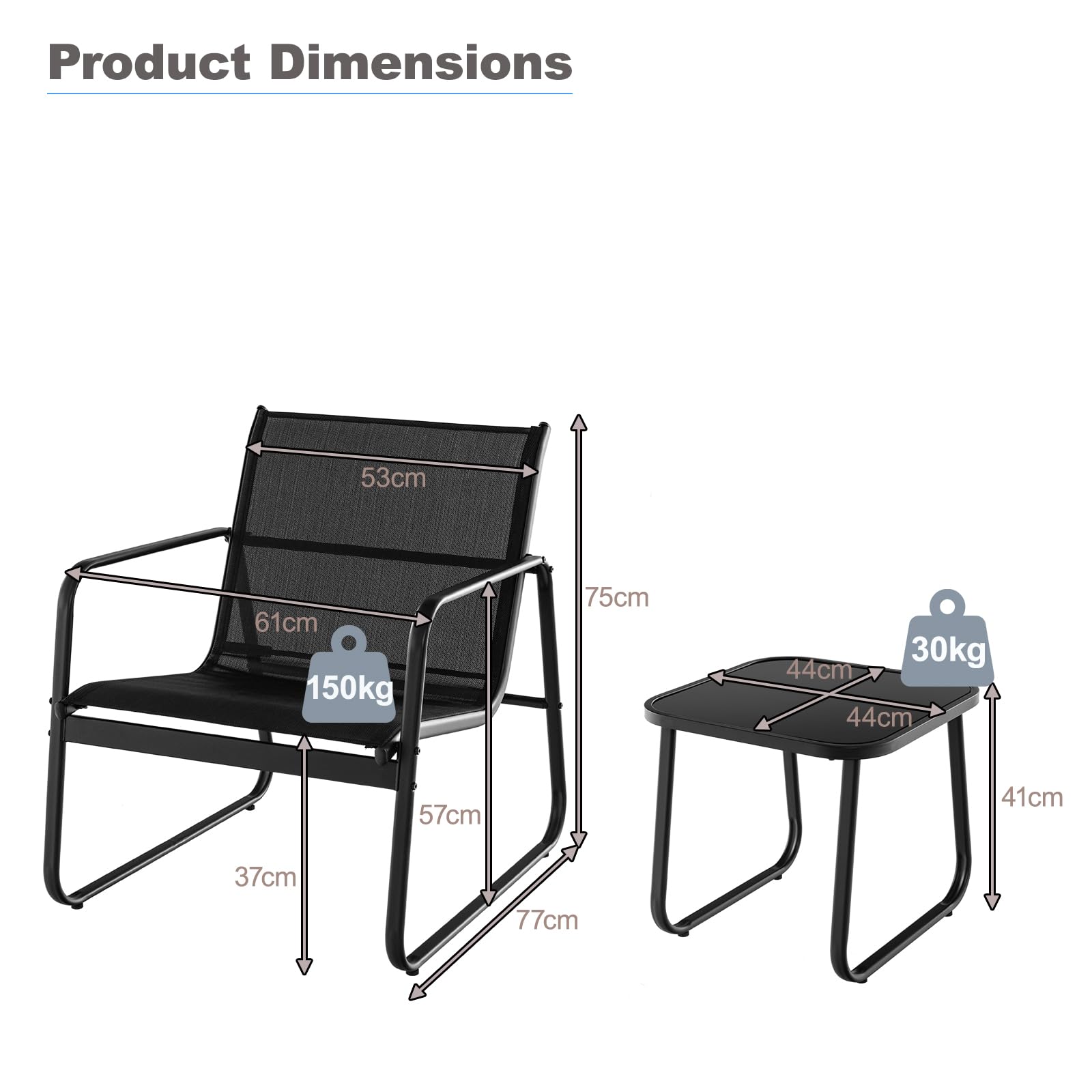KOMFOTTEU Set da Bistrò in Tessuto Textilene, Set da Giardino in 3 Pezzi, Tavolo Portato 30 kg, 2 Sedie Portate 150 kg, Set Tavolo e Sedie da Esterno, Patio, Cortile, Veranda (Nero)