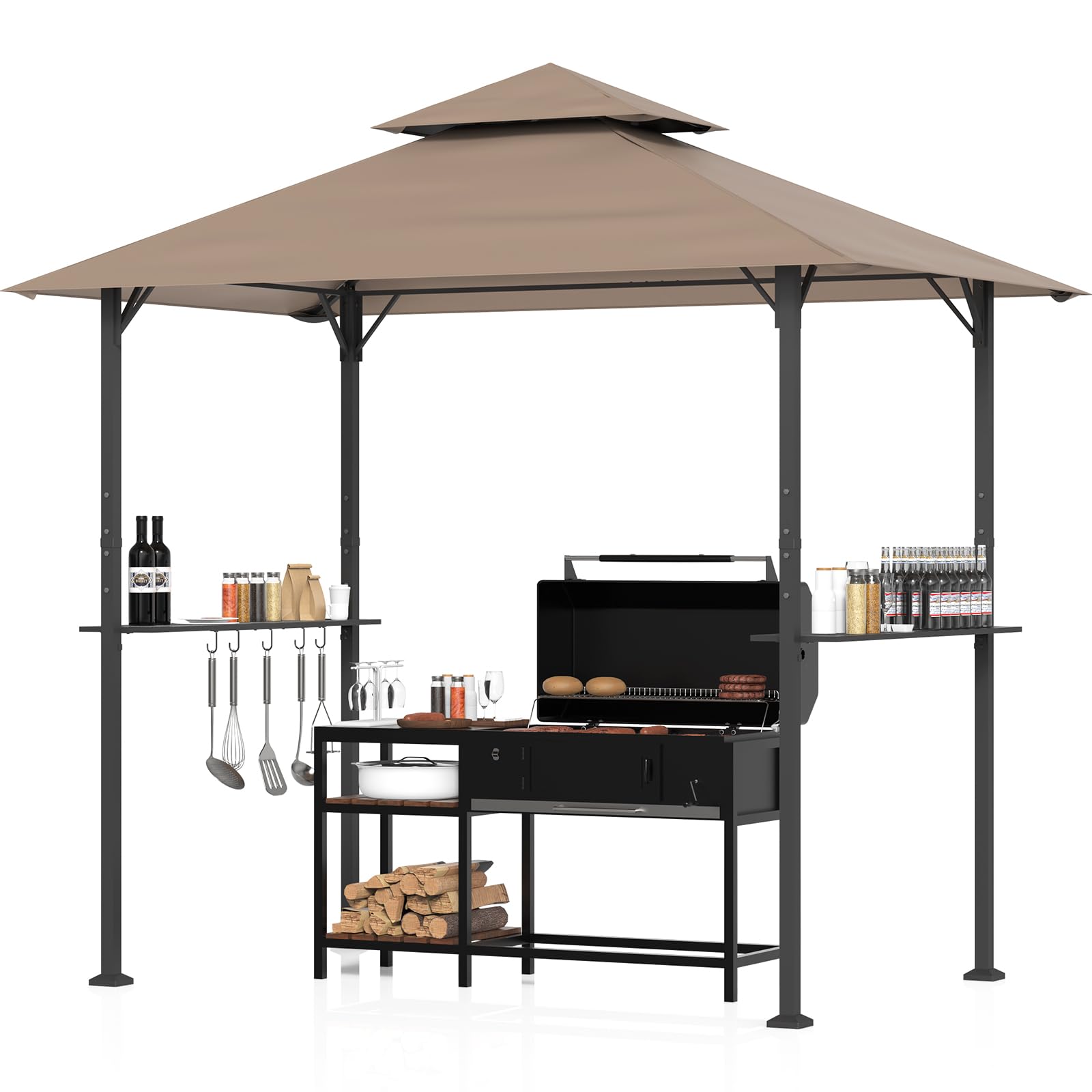 Huracan Grillpavillon mit Doppeldach, Wetterfest Gartenpavillon Grillüberdachung, Gartenlaube mit Seitenregalen, Flaschenöffner & Haken, UV-Schutz Belüftetes Dach, Grillunterstand BBQ Pavillon Party