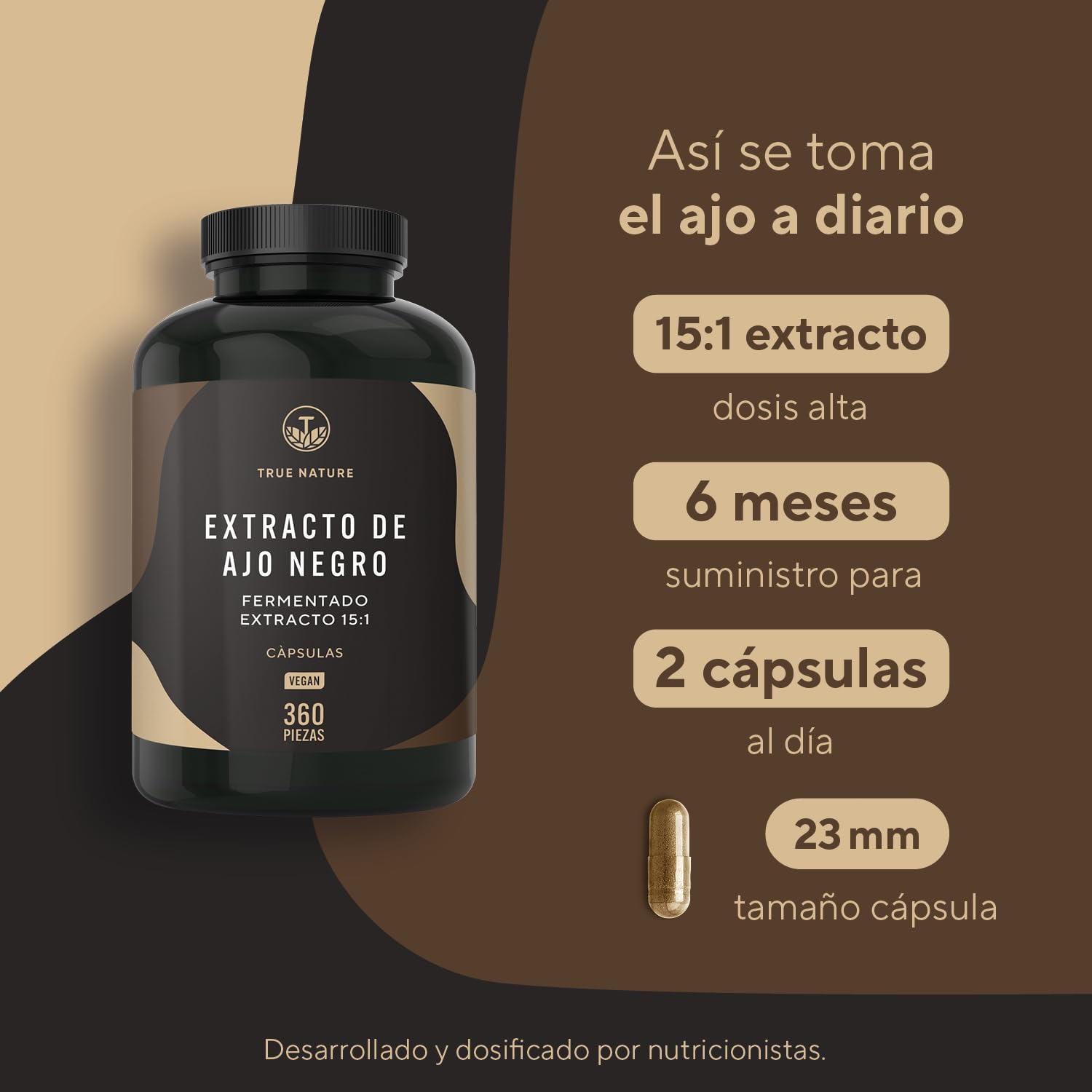 Ajo Negro 22500mg - 360 cápsulas - Sin Olor ni Sabor - Alicina - 14,89% polifenoles - con S-alilcisteína (SAC) - Fuente Natural de Antioxidantes y Flavonoides Extracto Natural Fermentado - TRUE NATURE