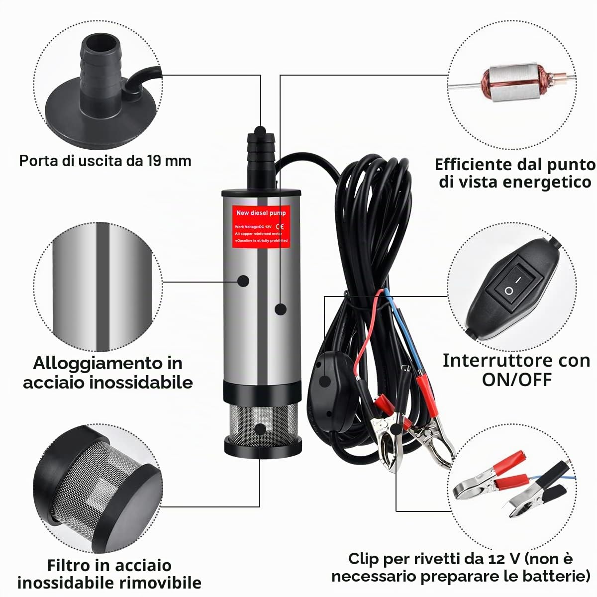 12V 51mm Pompa di Trasferimento del Carburante Diesel Olio in Lega di Alluminio, Sommergibile Acqua Pompa con Clip e Rete di Filtro Staccabile Pompa sommersa Pompa Acqua e Olio con fascette per Auto