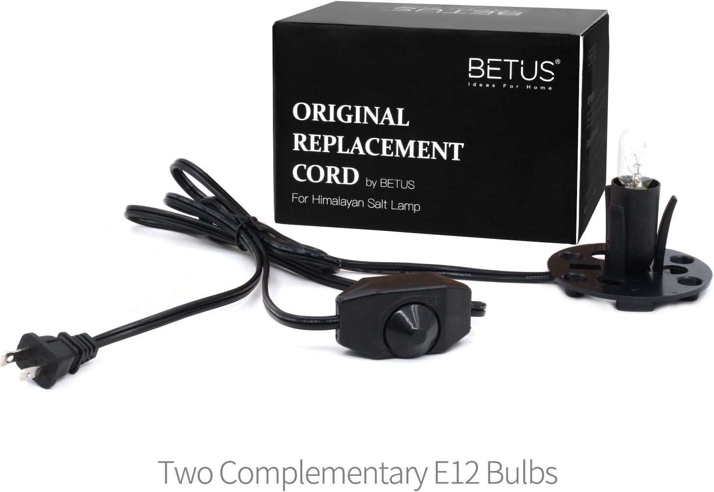 Betus [Original Replacement Upgraded Salt Lamp Power Cord with Dimmer Control Switch & Base Assembly for Himalayan Salt Lamps Power Cord - 6 Feet Long with Two Free 15W Bulbs