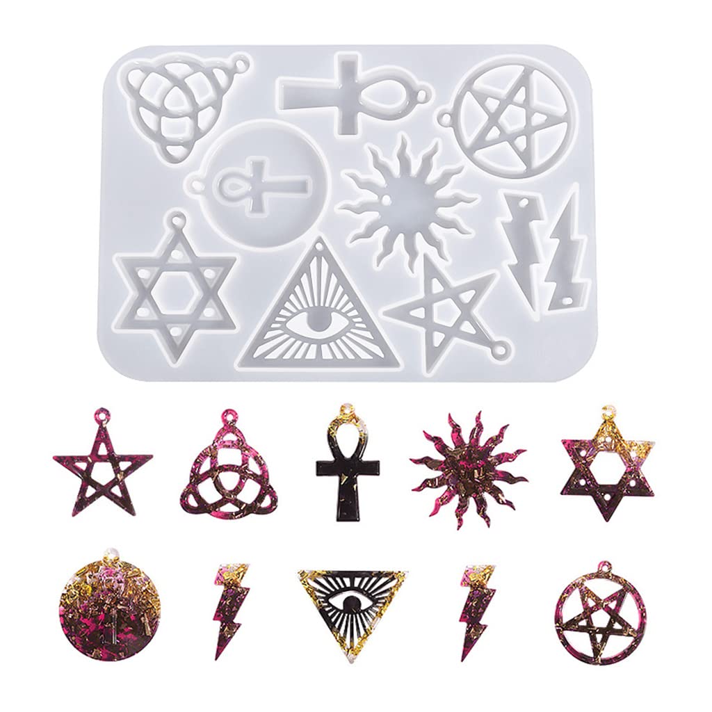 Pendant Resin Molds Jewelry Casting Molds Pentagram Sun Ankh Cross Hexagram Lightning Silicone Mold Geometry Pendants Crystal Mold with Hole for DIY Crafts Keychain Earring Charms