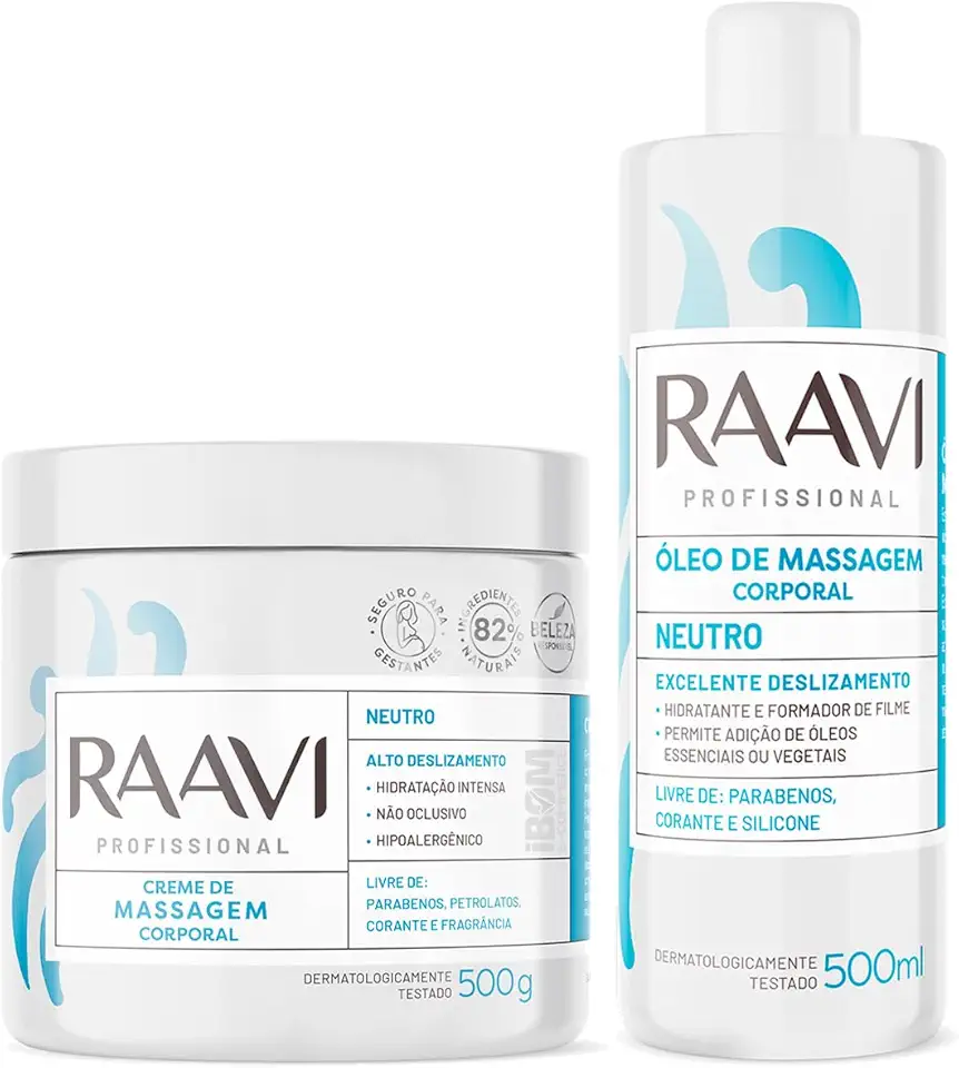 Kit Profissional de Massagem Neutro, Óleo e Creme Corporal, 500ml, Hipoalergênico, Alto Deslizamento, Livre de Parabenos e Silicone, Raavi Dermatologicamente Testado