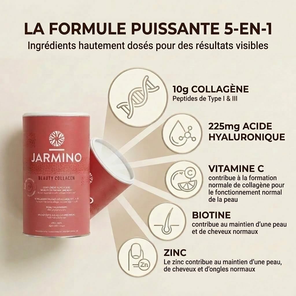 Poudre de collagène Beauty avec acide hyaluronique, vitamine C, biotine, zinc | Hydrolysat de collagène peptide type I, II et III| 450g de poudre | Collagène de JARMINO