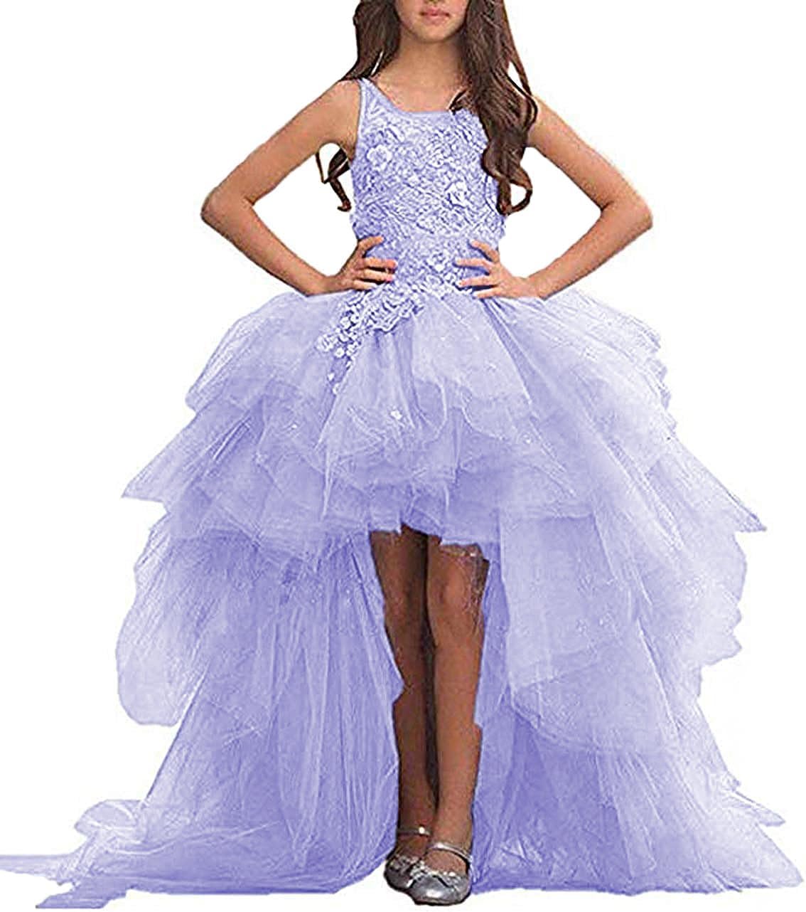 High Low Flower Girl Dress Tulle Laces Applique Pageant Party Dresses Ruffles First Communion Gown TY04