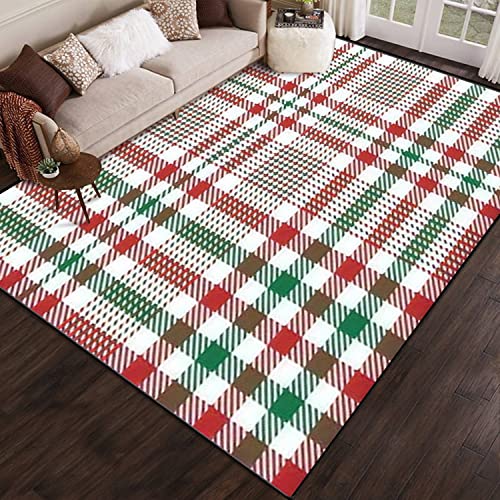 PeeNoke Christmas Glen Fabric Red Green White Tartan Textured Check Plaid for Area Rug Outdoor Patio Rug Play Mat Modern Floor Carpet Non-Slip Home Decor Living Room Kids Bedroom Nursery, 6x9 ft