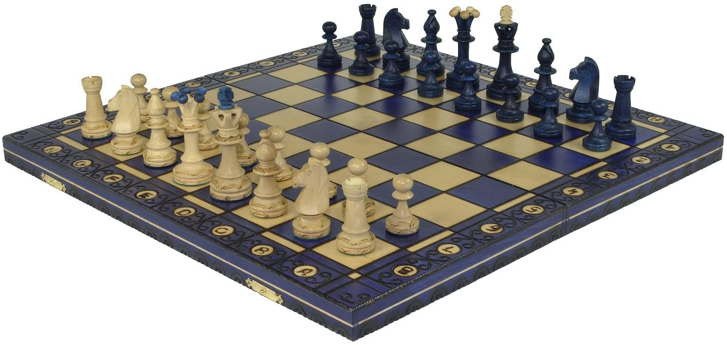 Chess And Games Shop Muba - Set Di Scacchi In Legno Fatto A Mano Con Tavola In Legno E Scacchi Fatti A Mano – Idea Regalo (40 Cm) Blu, 1-2 Giocatori, Età: 12+-image