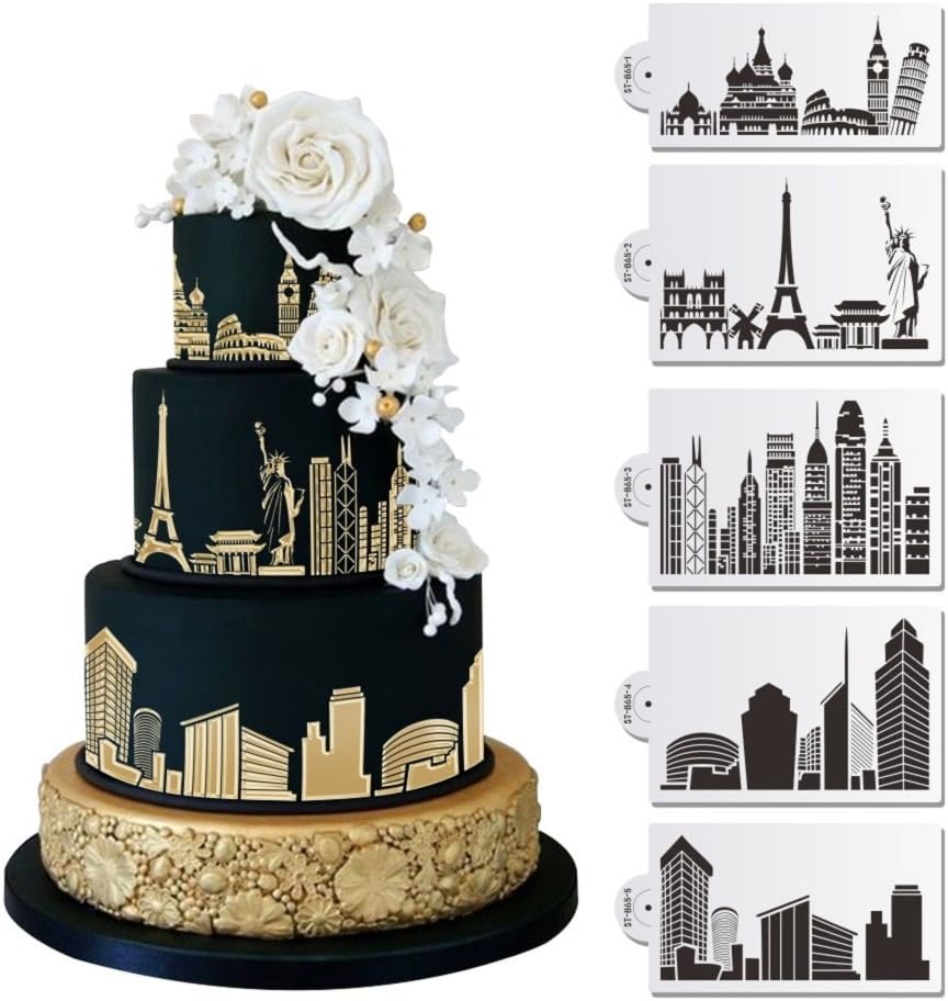 Landmark Building Plastic Cake Stencils Template for Fondant Cake Decorating Supplies Decor Stencil Mold White 5pcs 8.5"x5" ST-865
