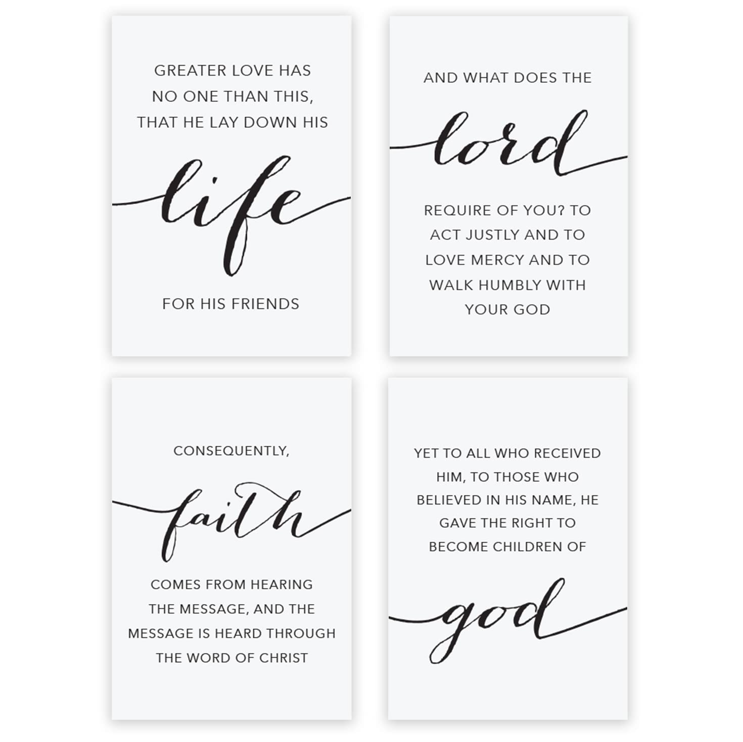 INKOLOGIE Black White Wall Art Decor Poster Print, Bible Verses, A4 Size 8.25 x 11.75-inch, John 15:13: Greater love has no one than this, that he lay down his life for his friends., 4-Pack, No Frame
