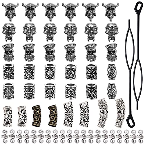 60 Pieces Viking Beard Beads Celtic Beads Antique Norse Hair Tube Beads Pirate Skull Dreadlocks Beads for Hair Braiding Bracelet Pendant Necklace Silver DIY Jewelry Hair Decoration