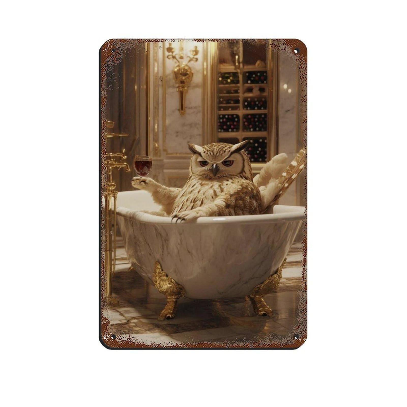Elegant Owl in Bathtub Wine Retro Poster Metal Tin Sign Chic Art Retro Iron Painting Bar People Cave Cafe Family Garage Poster Wall Decoration 8x12inch(20x30cm)
