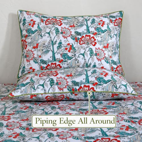 Image of FADFAY Twin XL Sheets Set 4 Piece White Teal Floral College Bedding 100% Egyptian Cotton Dorm Room Bedding, Soft Breathable Dorm Sheets Extra Long with Deep Pocket Luxury Hotel Quality for All Season
