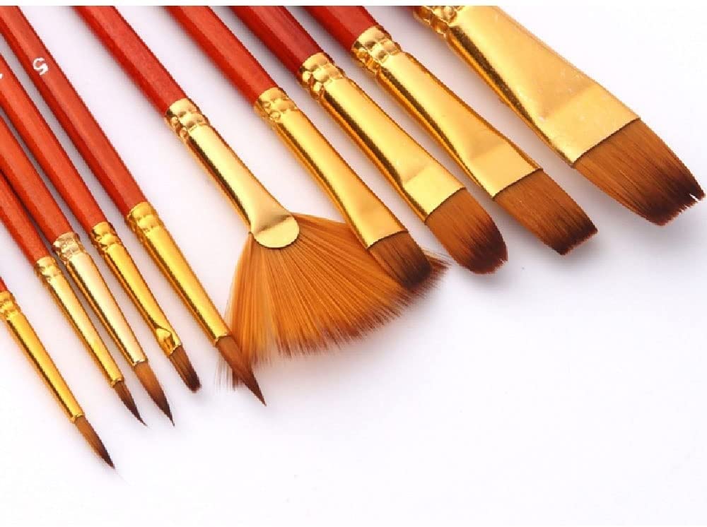 XBTGS Set di 10 pennelli da pittura multiplo in nylon con asta corta marrone per pittura ad olio e acrilico,