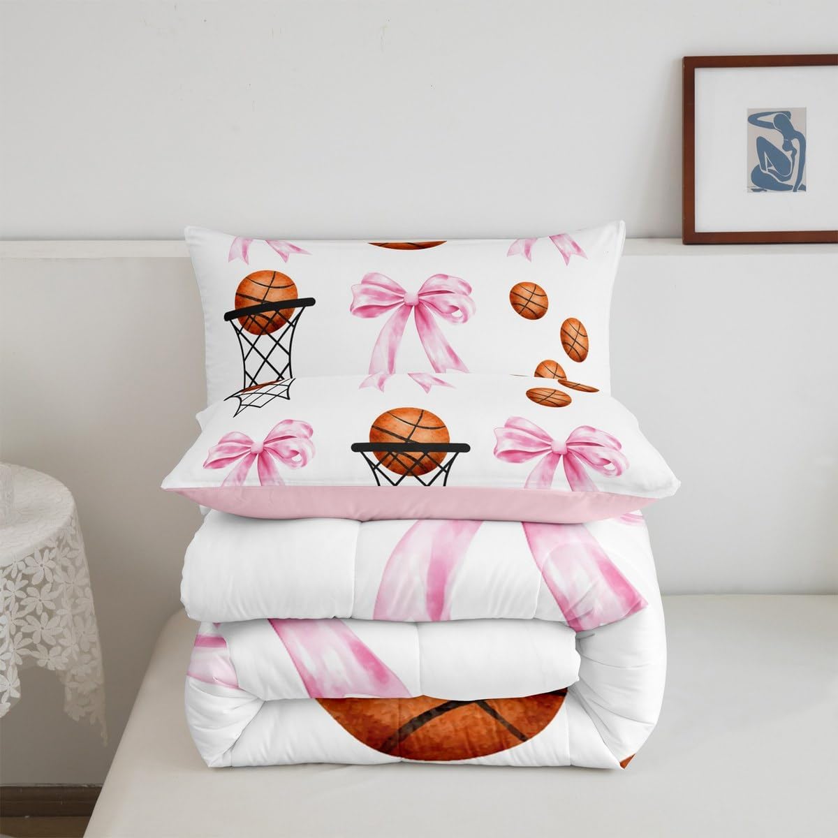 Basketball Kids Bedding Comforter Set Full Size,Girls Sport Bow Bedding Sets All Season,Pink Bowknot Basketball Hoop Bedroom Quilt Set,Girly Sport Duvet Insert,2 Pillowcases
