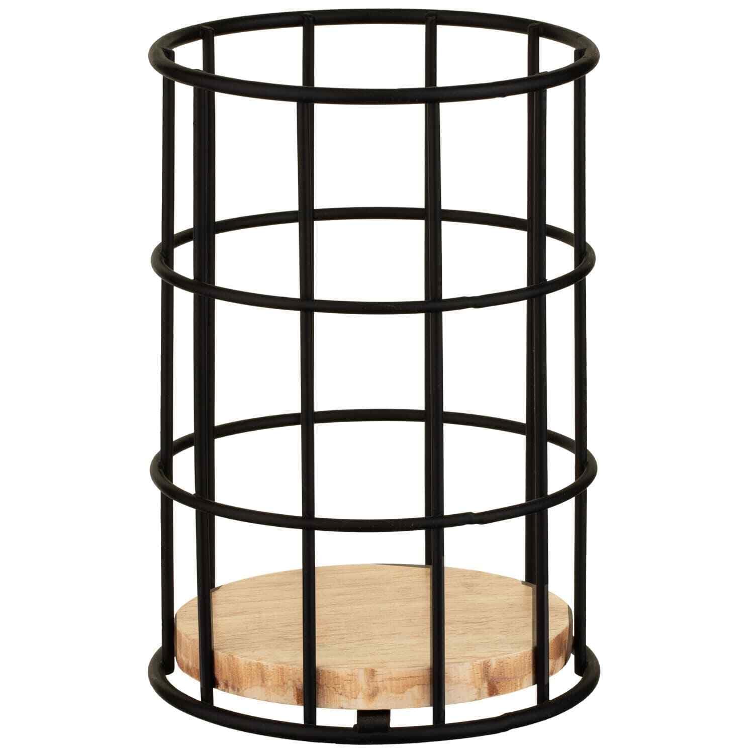 Fyne-Finds Round Black Wire Metal Utensils Cutlery Storage Holder Caddy With Wooden Base Space Saving Compact Utensil Rack