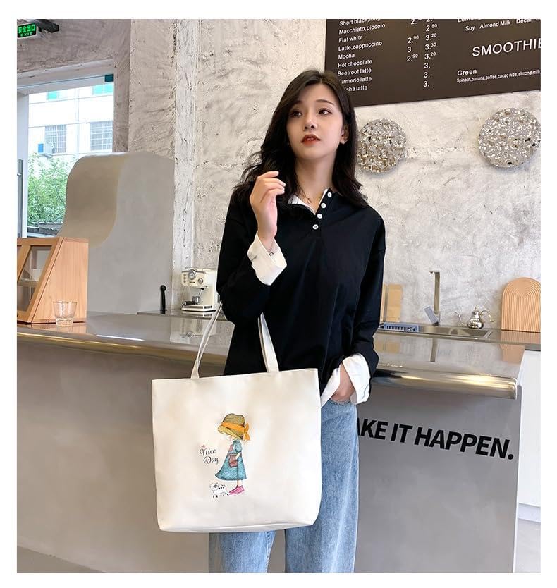 K2P Classic Tote Bags For Women Girls Canvas Handbag Zipper Large Capacity Fashion Bag For College Office - Nice Day Girl Print 3