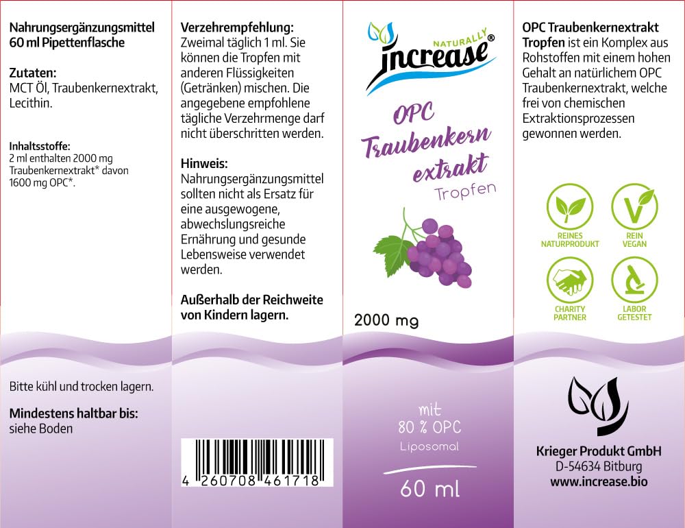 Liposomale OPC Traubenkernextrakt Tropfen hochdosiert - (60.000mg pro Packung) 2000mg Traubenkernextrakt pro Tagesdosis davon 1600mg OPC - MCT Öl - Hohe Bioverfügbarkeit