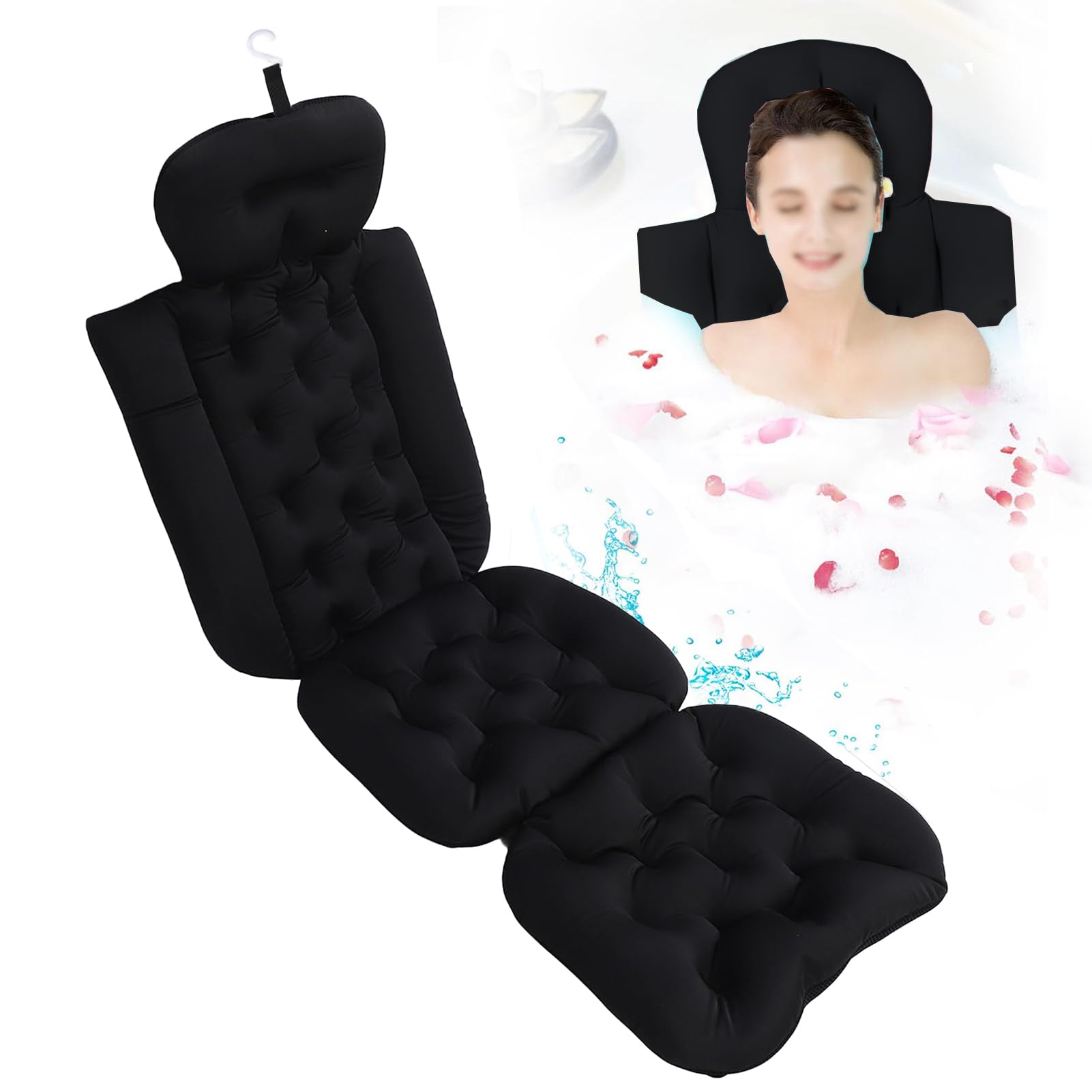 Culnflun Full Body Bath Pillow, 132CM with Strong Suction Cups, Suitable for All Kinds of Bathtubs to Support the Head and Neck, Non-slip Removable and Washable (Black)