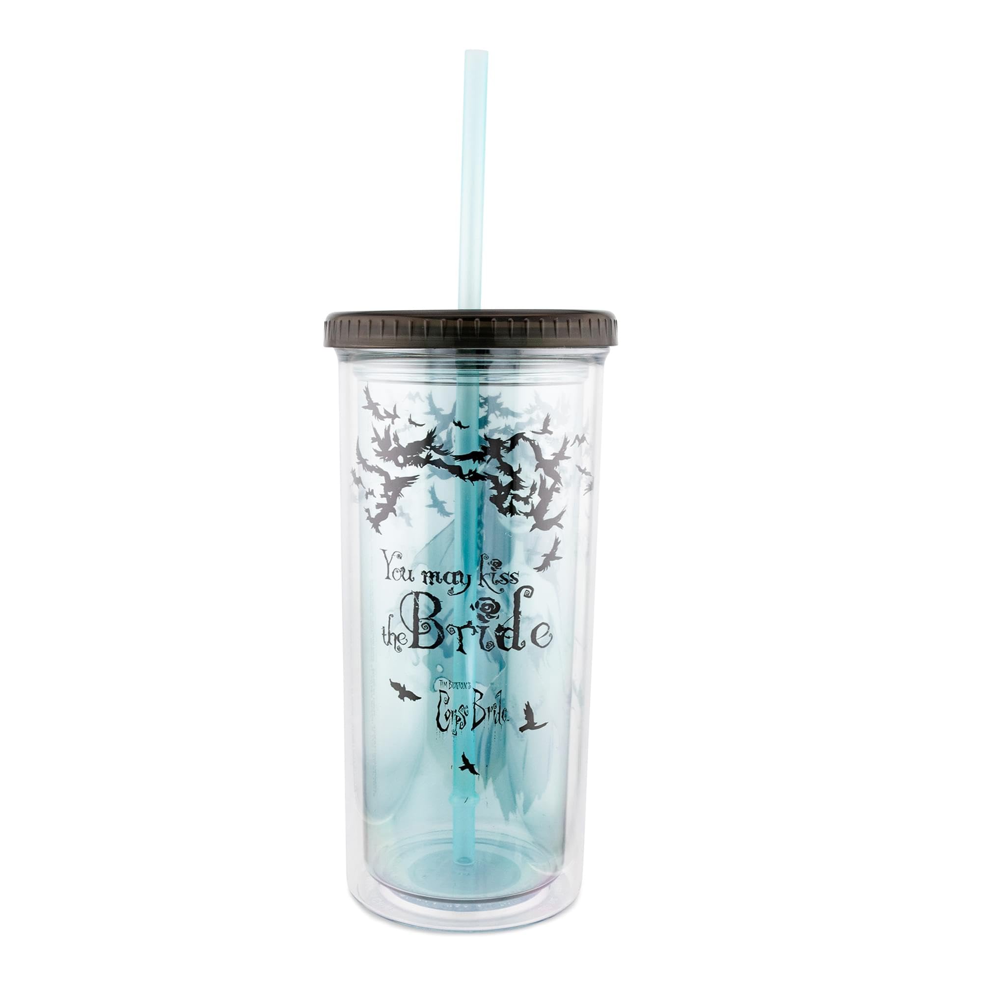 Silver Buffalo Tim Burton's Corpse Bride Emily Plastic Carnival Cup With Spill-Resistant Lid and Reusable Straw | Double-Walled Travel Tumbler For Drinks | Holds 20 Ounces