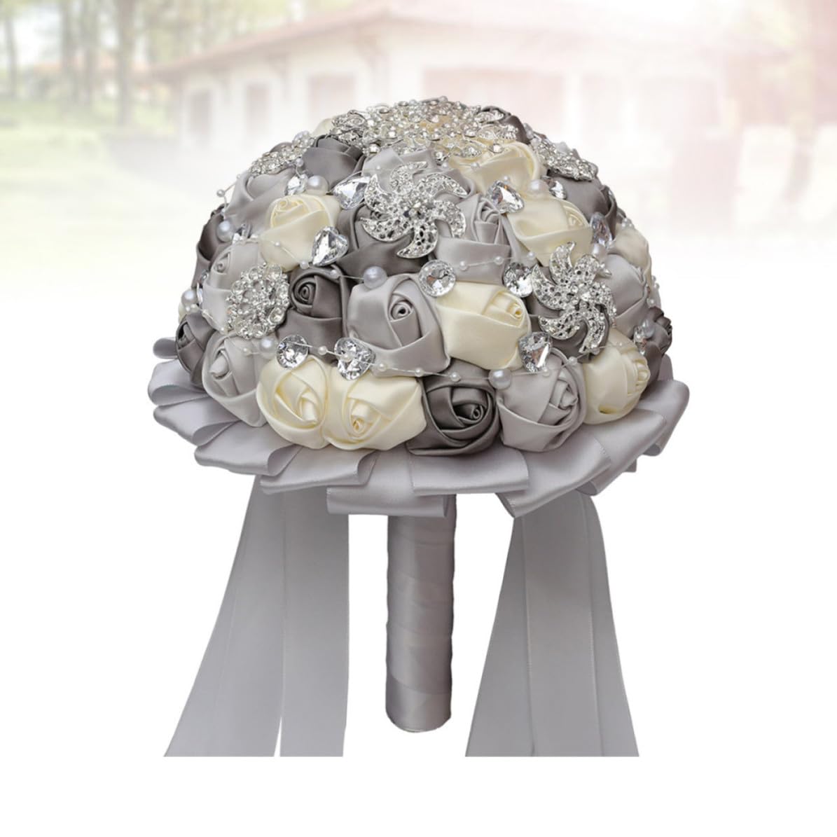Brautstrauß mit Schleife aus Band und Strass für Hochzeit und Wohnzimmer